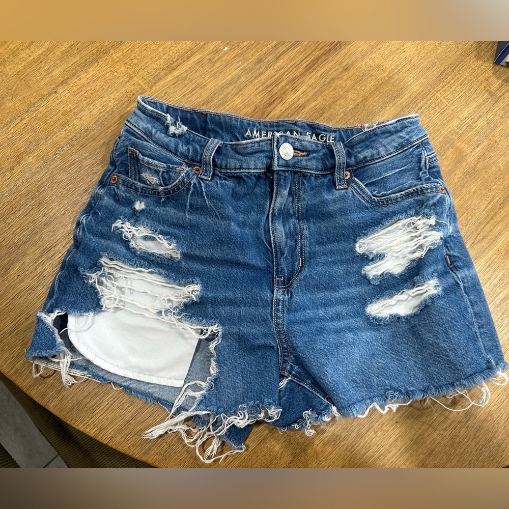 American Eagle Outfitters Distressed High-Rise Denim Shorts - Blue